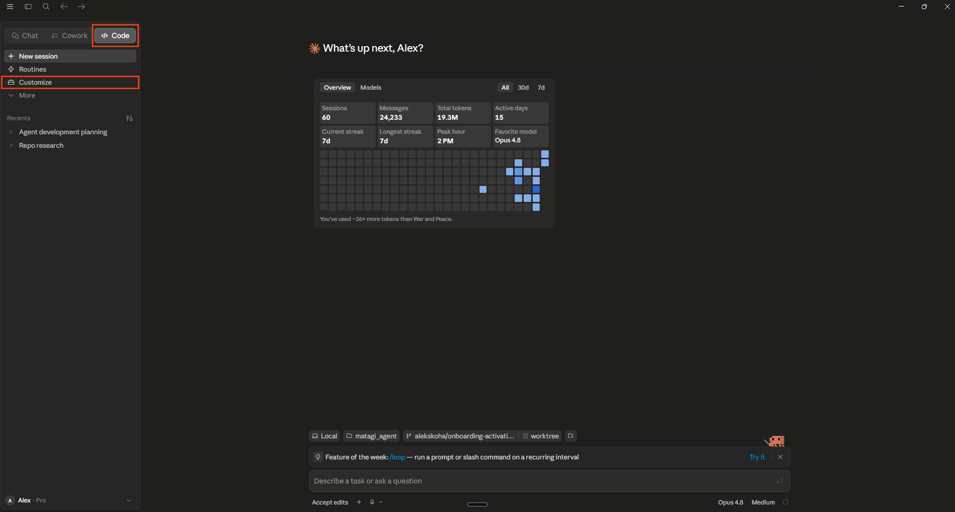 Claude Desktop home screen with the Customize entry highlighted in the left sidebar