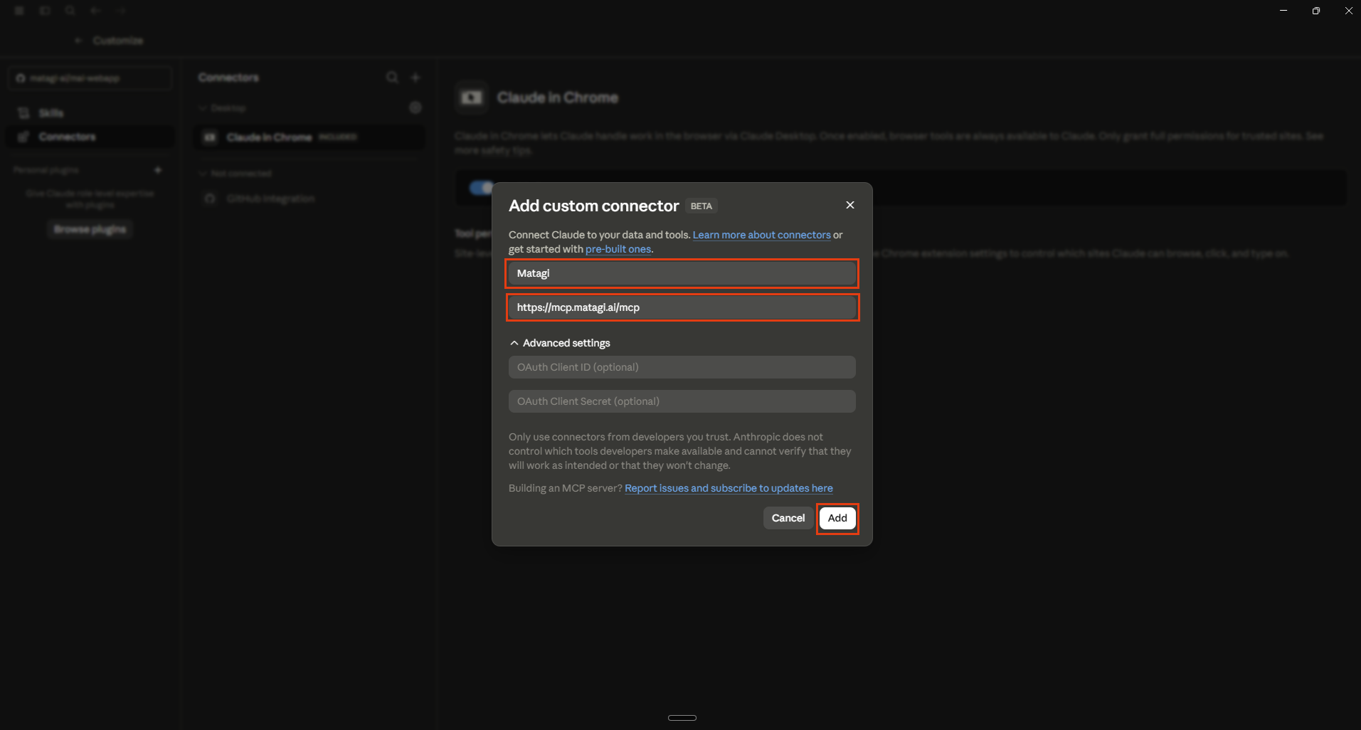 The Add custom connector dialog with the name Matagi and the server URL filled in, OAuth fields left blank