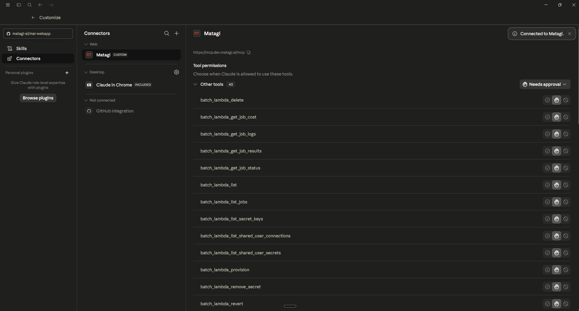 The connected Matagi server showing its tool list and per-tool permission controls
