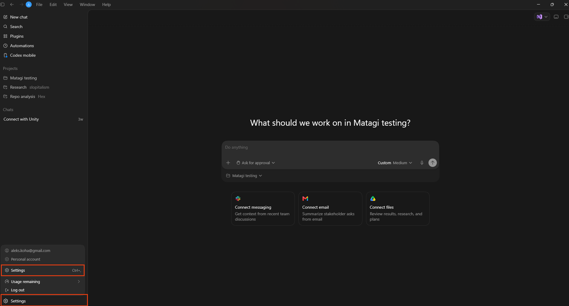 Codex desktop app with the Settings entry highlighted in the account menu