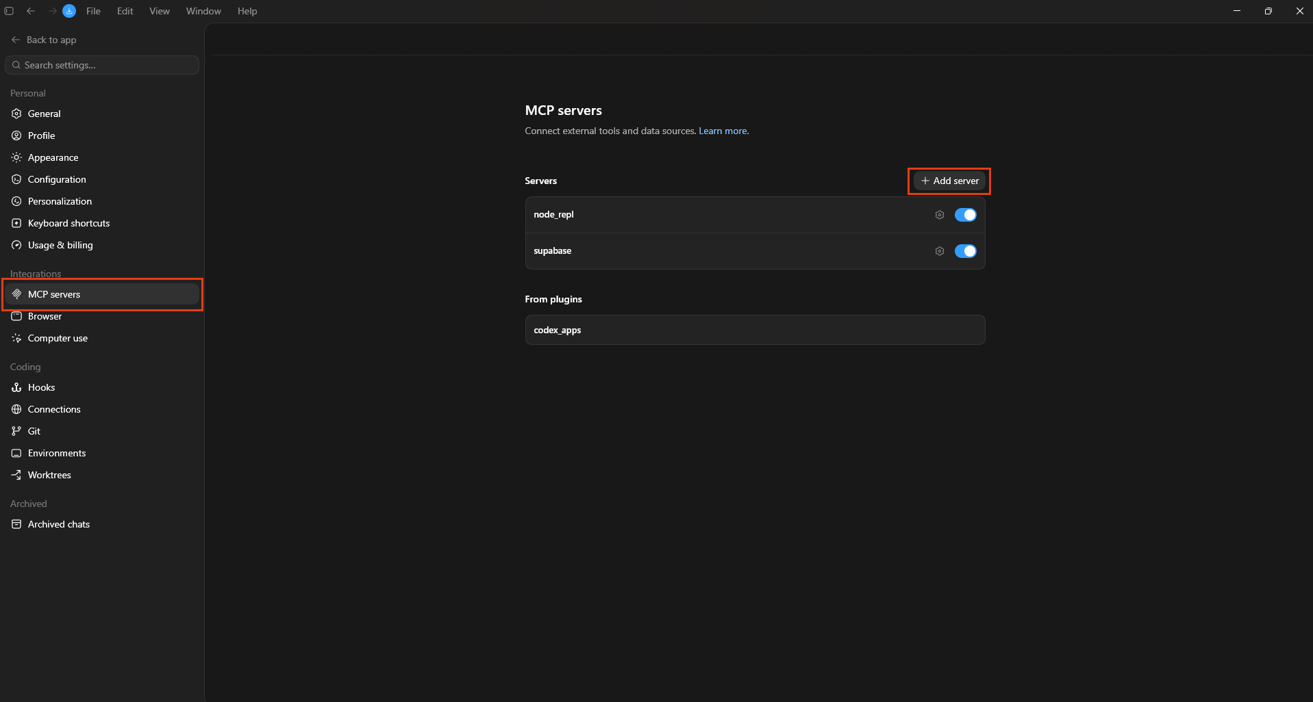 The MCP servers settings panel with the Add server button highlighted