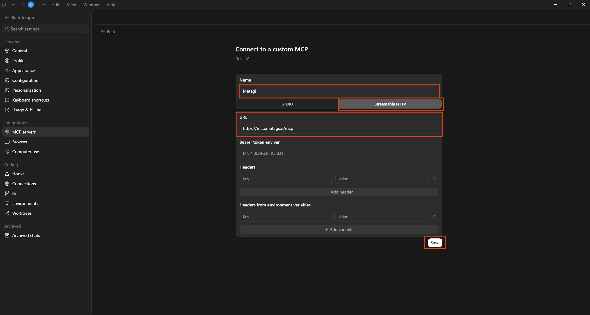 The Connect to a custom MCP form with name, Streamable HTTP, and URL filled in