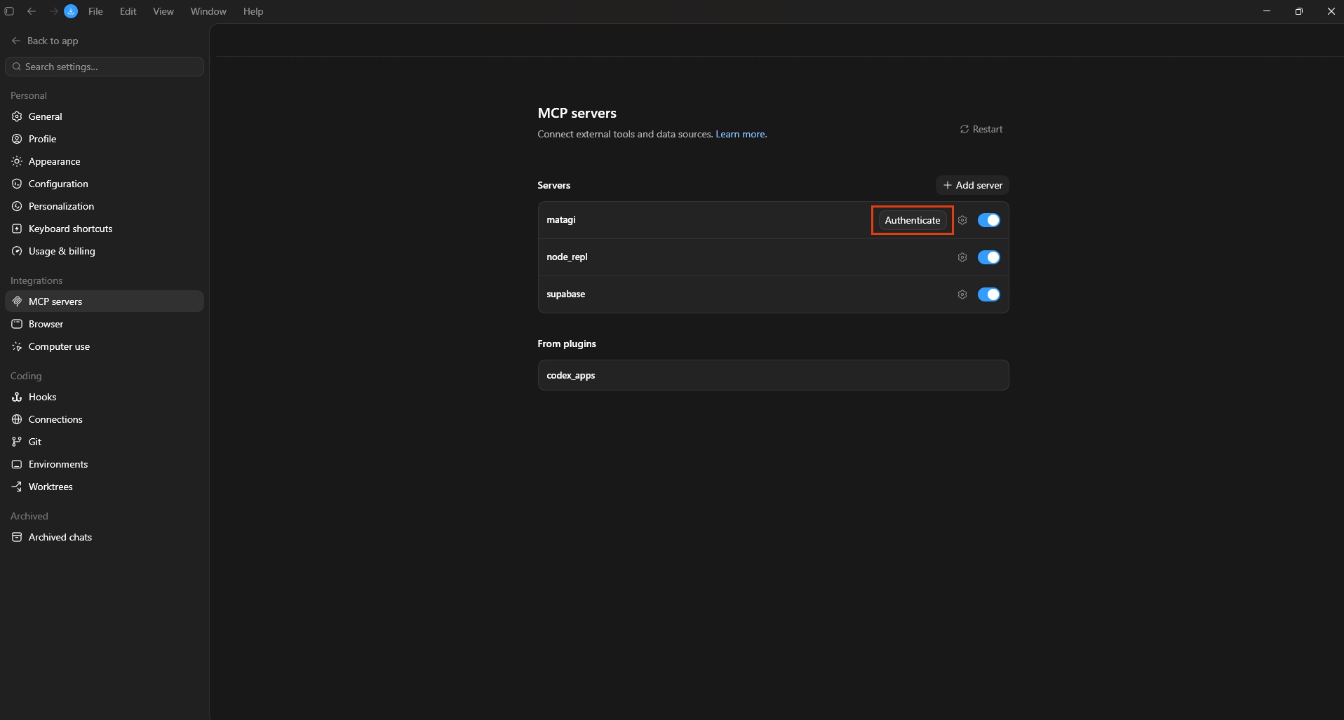 The MCP servers list showing the matagi server with the Authenticate button highlighted
